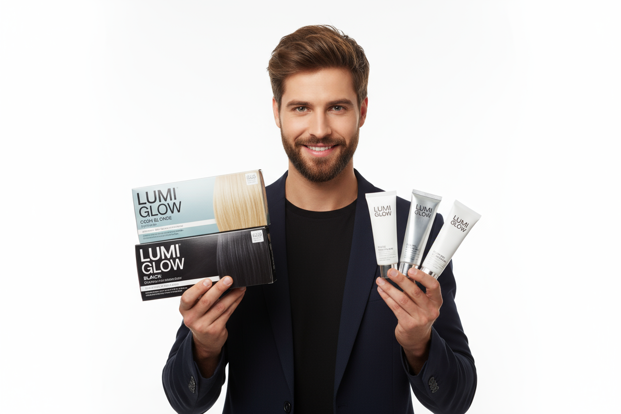 a handsome man with products like hair dye and whitening cream in his hands